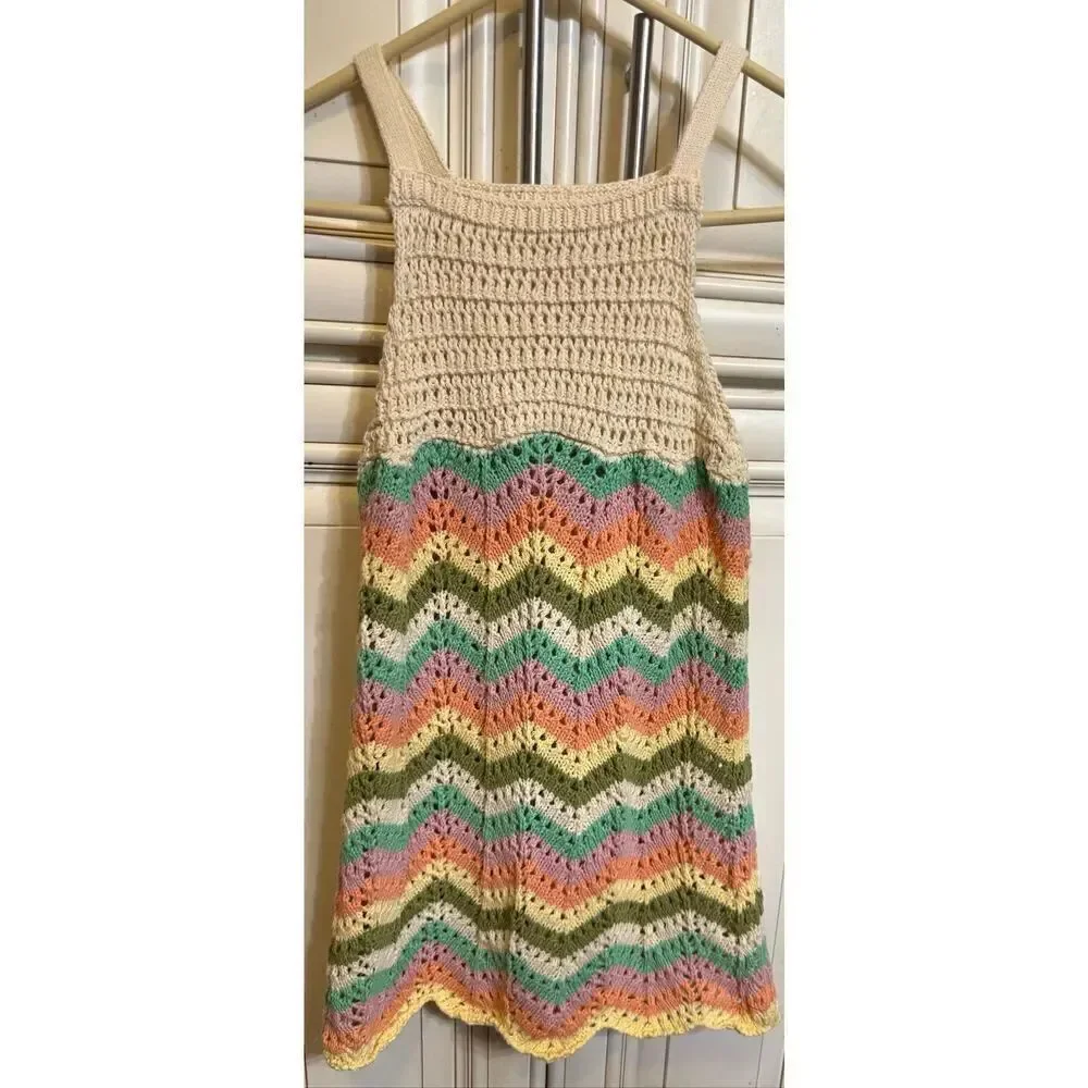 Zara Girls Chevron Sleeveless Square Neck Crochet Sundress Multicolor Size 8-9